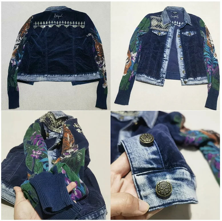 

Foreign Trade Spain Original D Heavy Industry Embroidery Printed sequins Knitted Sleeve Splicing Retro Designer Denim Jacket