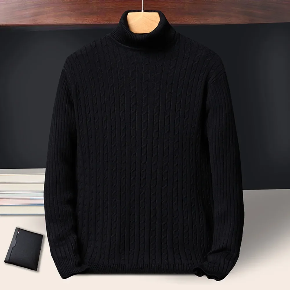 New Men\'s Turtleneck Sweaters Autumn Knitted Striped Streetwear Warm Long Sleeved Pullover Solid Color Basic Style Casual Tops