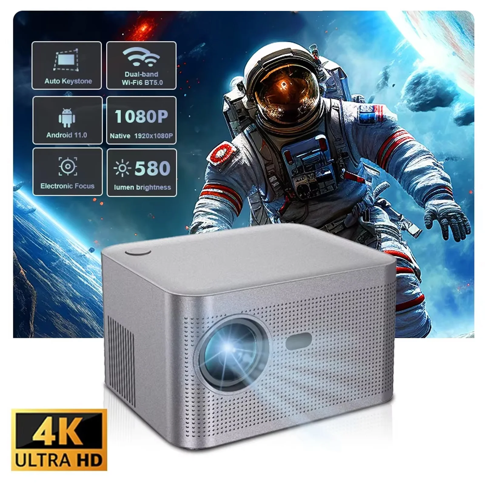 Projector HY350 4K Android 11 580ANSI Wifi6.0 BT5.0 1080P Electric Focus Home Outdoor Smart Projector with Infrared Voice Remote