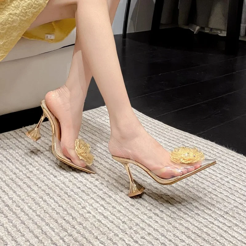 New Summer Women's High Heel Sandals Pointed Flower High Heels Sexy Transparent Closed Toe Empty Wine Glass Heel Sandals