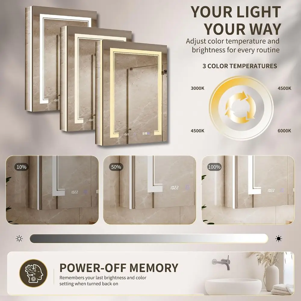 24"W x 32"H Medicine Cabinet, LED Lighted Medicine Cabinet with Mirror | Clock Temp Display, 5X Magniier, Surace or Reced Mount, view 5