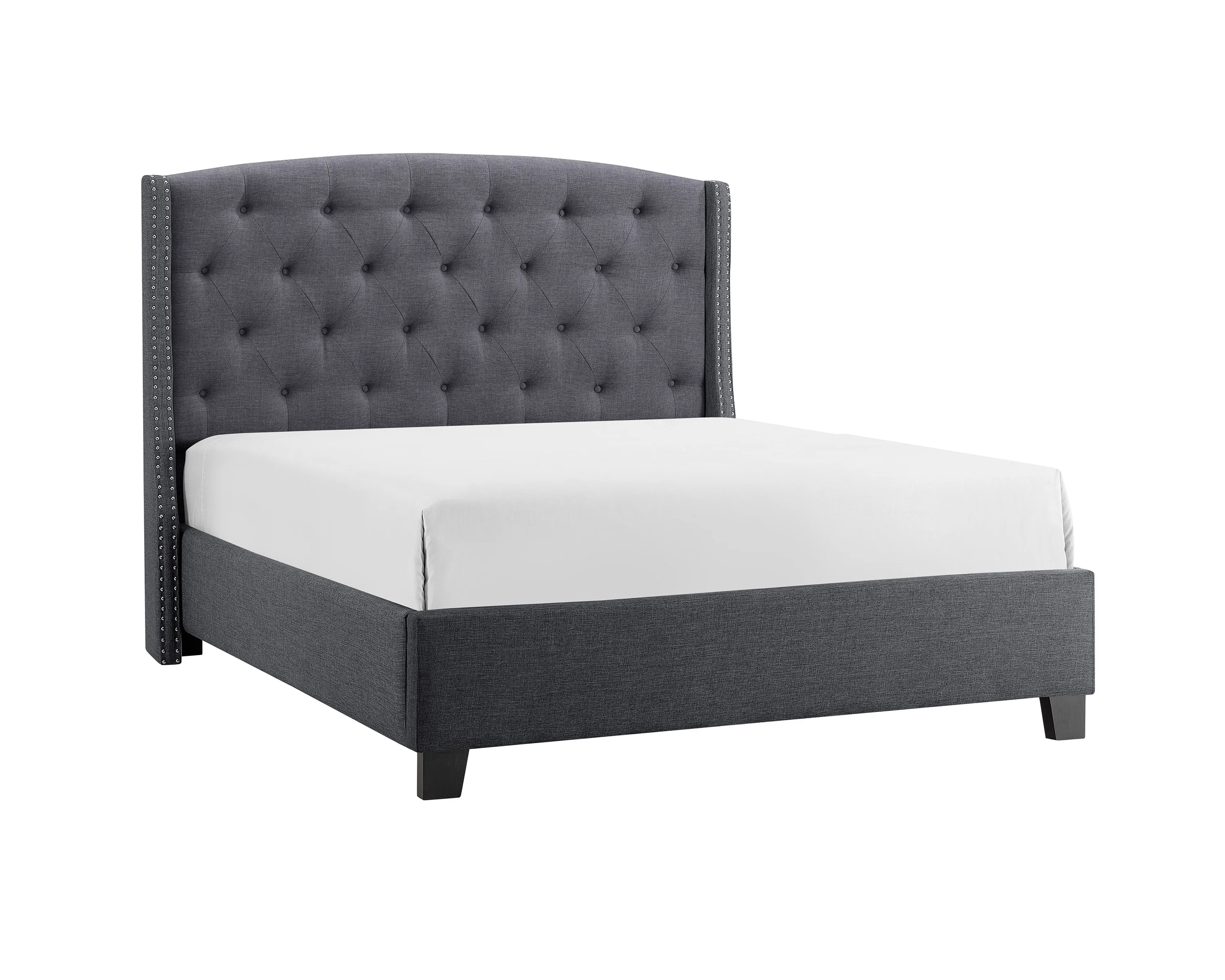 #Modern Bed With Storage Button Tufted Nail Head Gray Wood Fabric Bedroom Furniture
