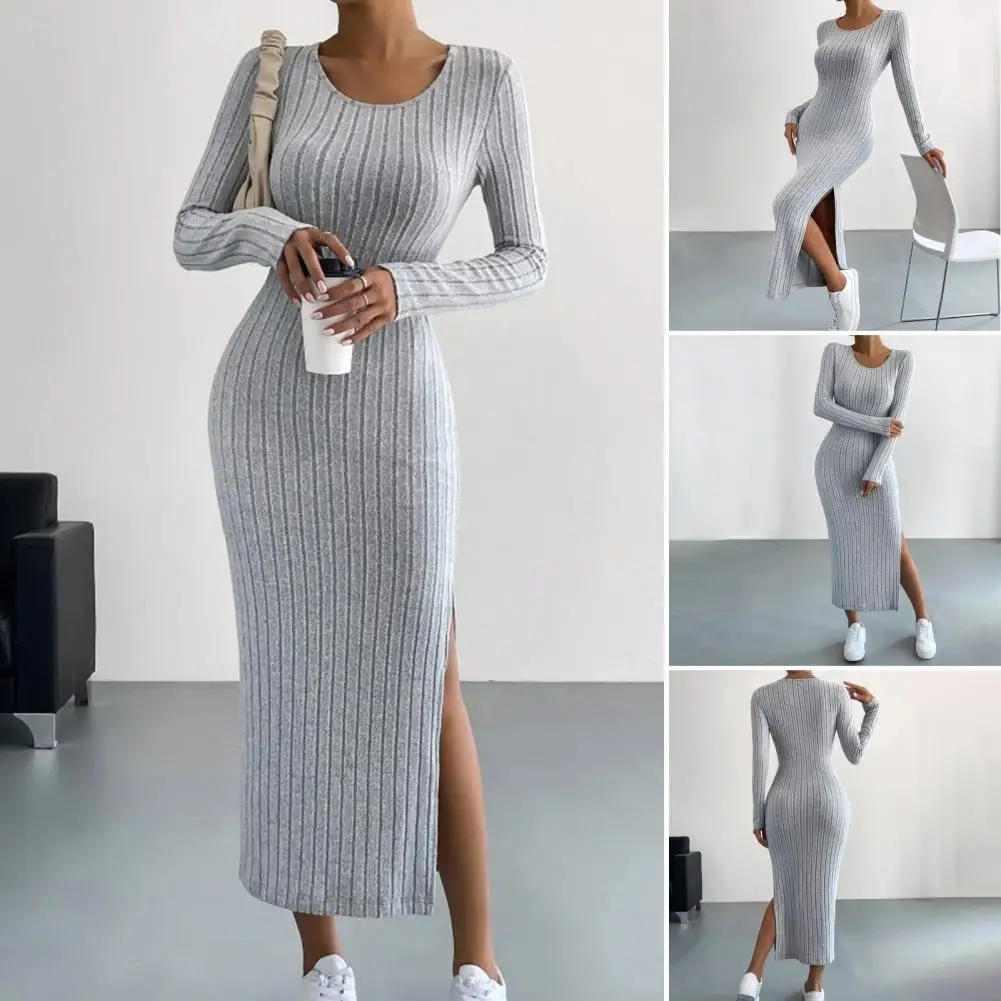 

A-line Silhouette Dress Striped Solid Color Knitted Midi Dress with Slim Fit Long Sleeve for Fall Winter Women's Fashion Elegant