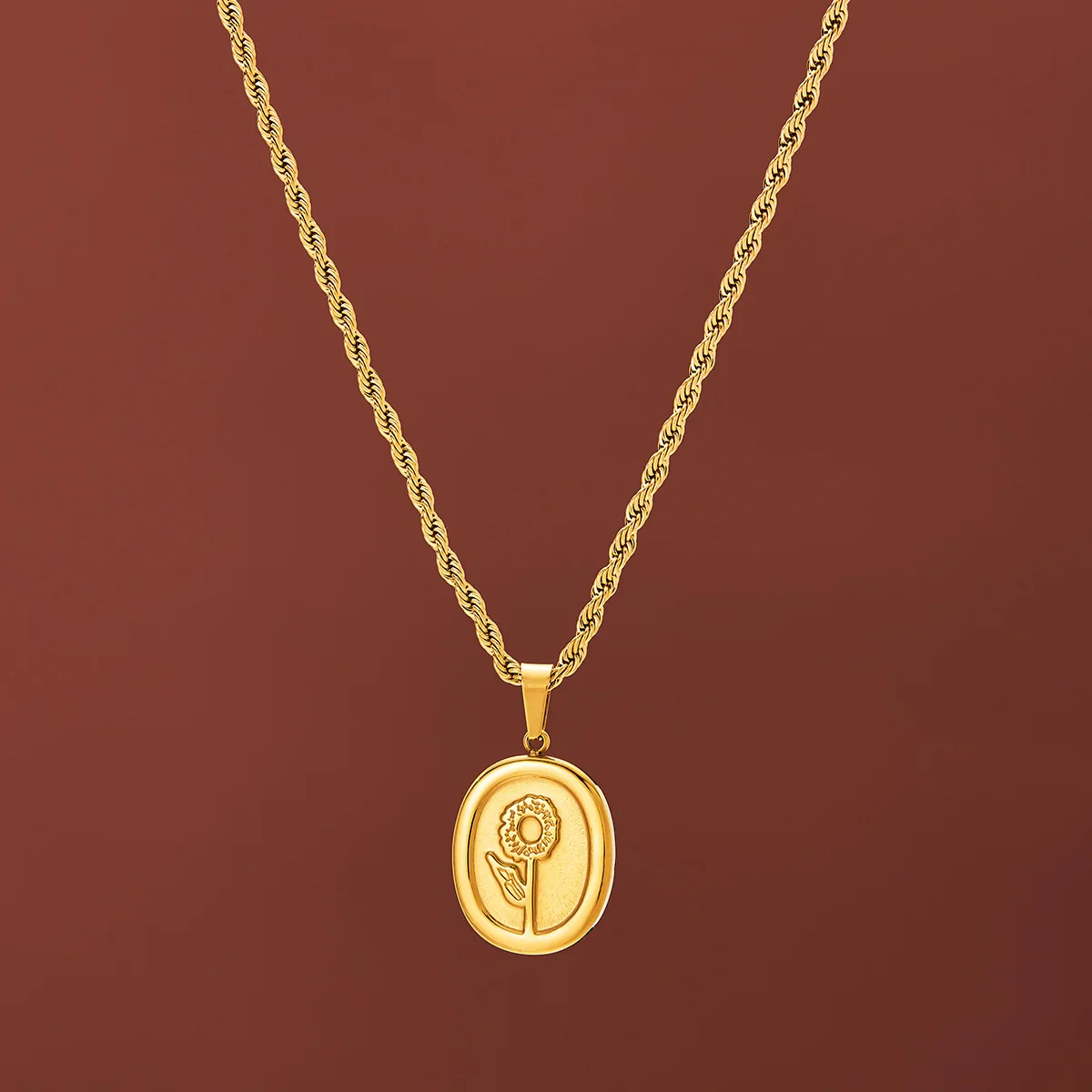316L Stainless Steel New Fashion Fine Jewelry Vintage Oval Tag Flowers Charms Thick Chain Choker Necklaces & Pendants For Women