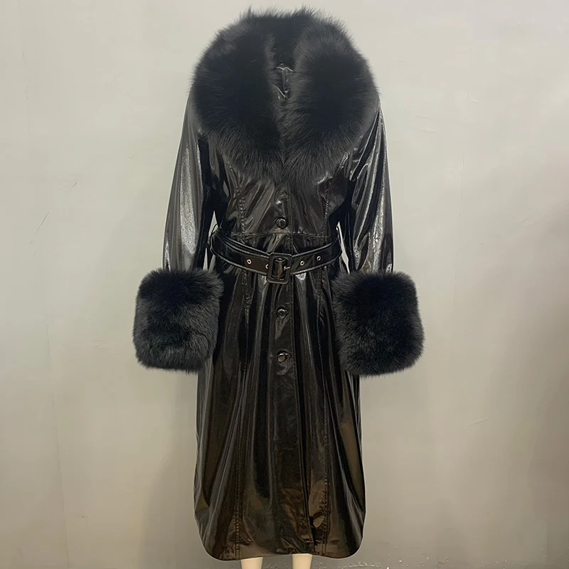 Frauen Ledermantel lange Wind jacke Gürtel solide Echt leder Trenchcoat Pelz kragen Manschette Streetwear 2022 neue Winter 7930a