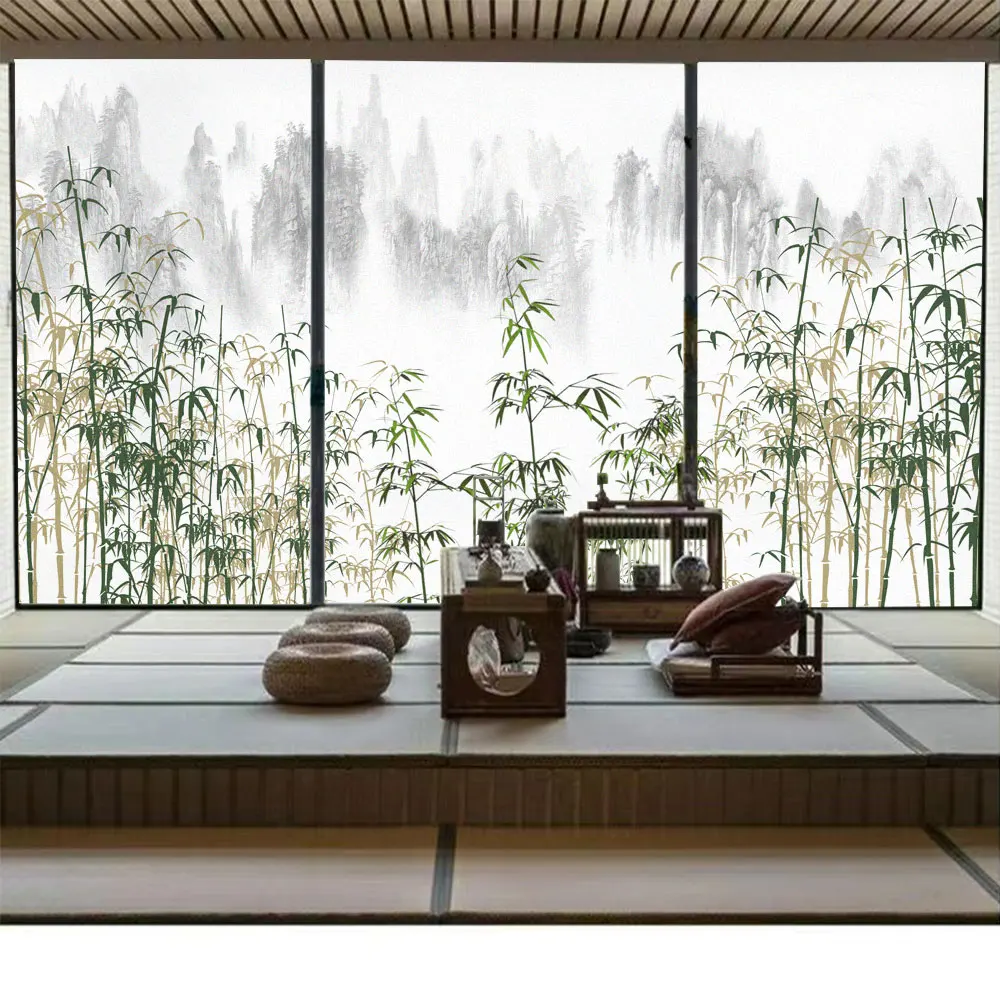 Glass Window Privacy Frosted Film Landscape Bamboo Pattern Non-Glue Static Cling Glass Door Sticker Anti-UV Glass Window Film