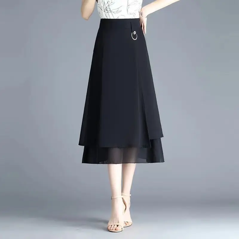 

New Spring and Summer Women's Solid Colors High Waist Loose Elastic Chiffon A-Line Irregular Appear Thin Fashion Commute Skirt