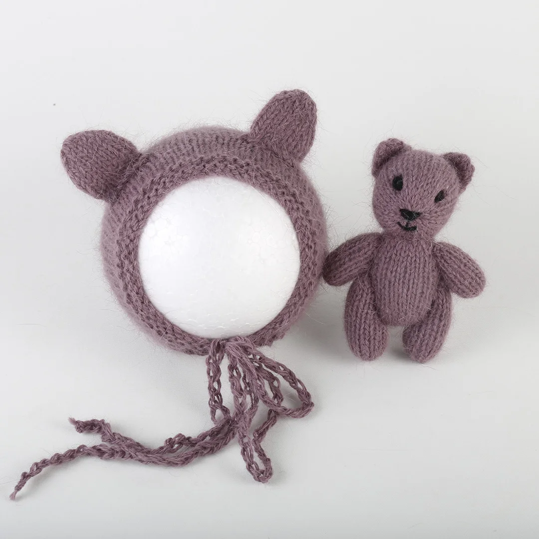 Crochet Teddy Bear Bonnet Toy Set Newborn Photography Props Stretch Jersey Knitted Angora Wrap Hat And Toy Set Photo Shoot