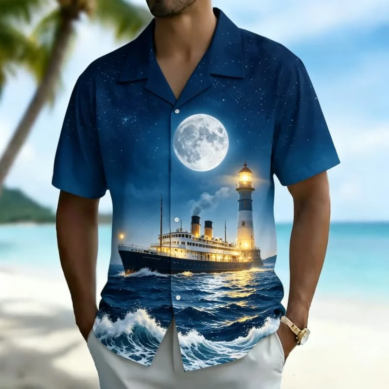 Men's fantasy natural scenery printed Hawaiian shirt, for summer vacations, beach walks, daily dressing, and music festivals