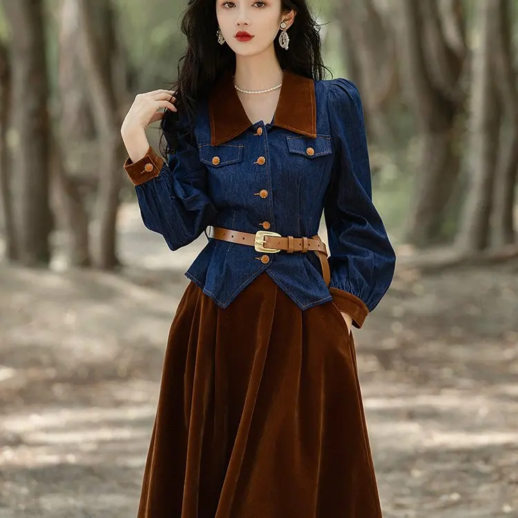 

Retro Hong Kong Sle Faion Set 80s Nostaia Clete Autumn Winter High-End Feeling Small Foreign Dr Women's Wear