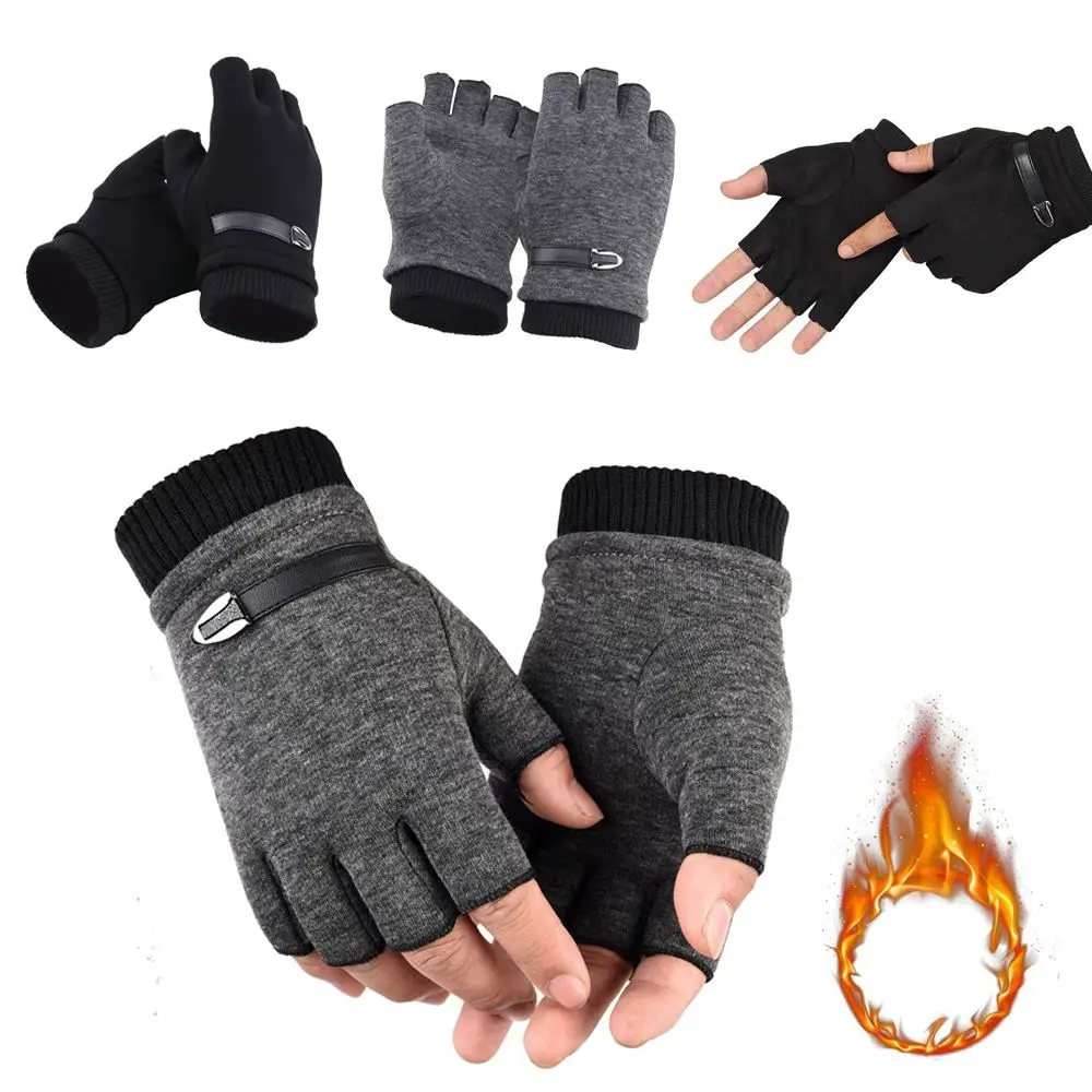 Warm Thick Knitted Thermal Mens Mittens Half Finger Winter Gloves