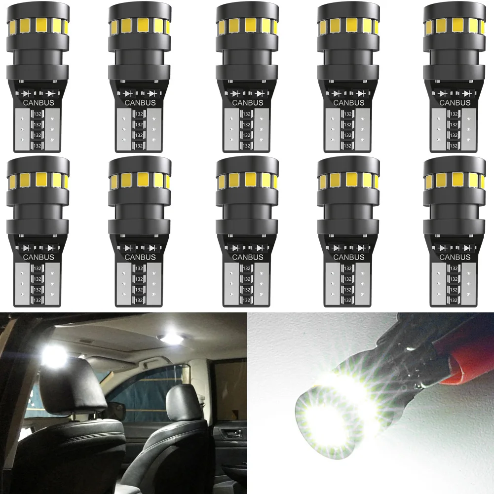 10Pcs T10 LED 12V White W5W LED Bulbs Canbus For Car Parking Position Lights Interior Map Dome Lights 360 Degree Lighting