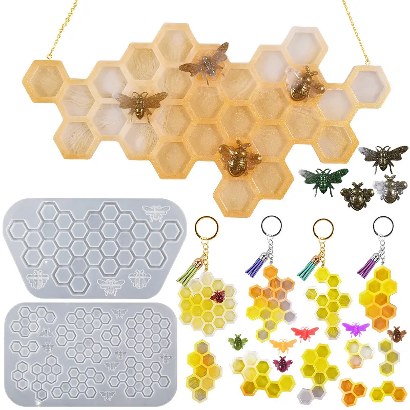 Bee Honeycomb Charms Silicone Resin Molds Door Hanging Epoxy Resin Casting  DIY Keychain Moulds