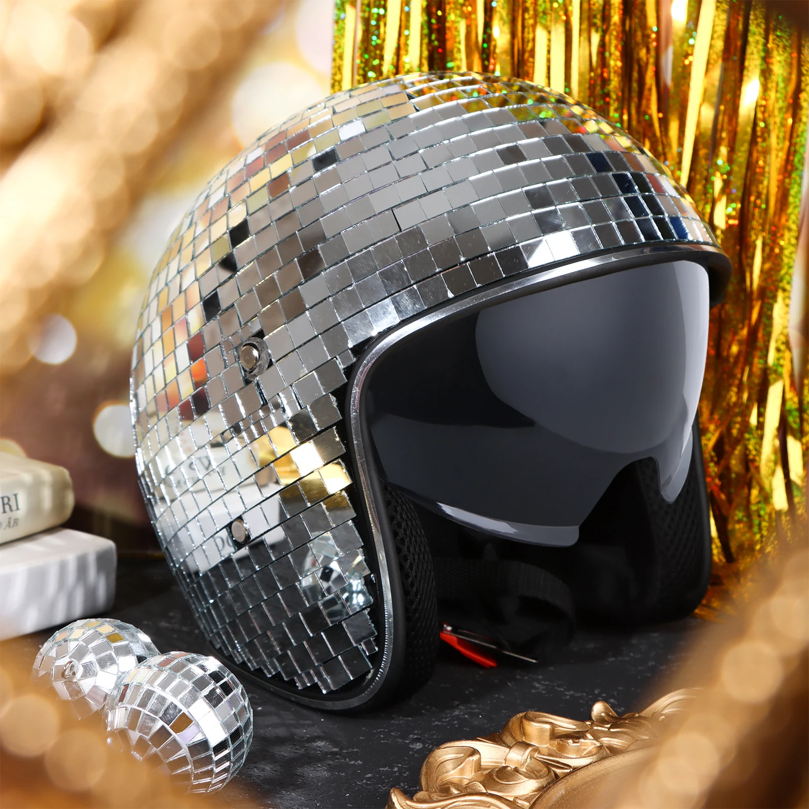 1Pc Shiny Glitter Punk Style Silver Retractable Sunshade Disco Ball Helmet Decoration