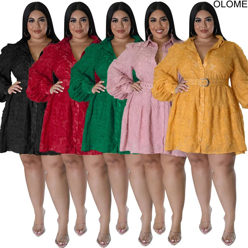 

Plus Size Lace Women Long Sleeves Shirt Dress 4XL 5XL Belt Fashion Turn Down Neck Buttons Elegant Casual Party Dresses