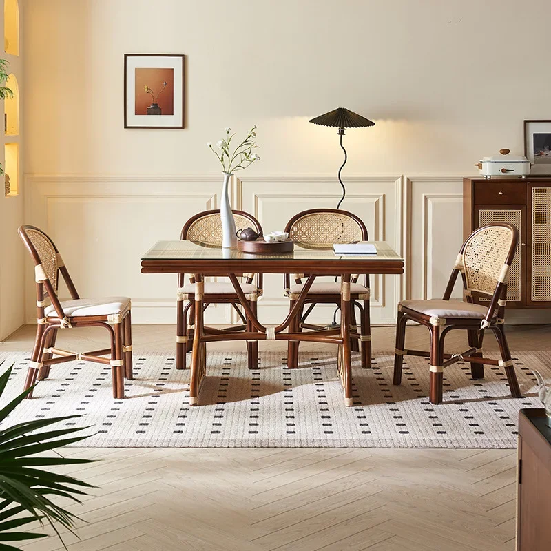 South East Asia rattan retro rural creative art dining table and chair combination, B & B inn rectangular dining table