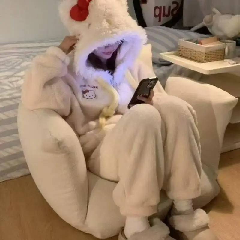 

Женская пушистая пижама Kawaii Hello Kitty с капюшоном, зима 2025, бежевая, желтая одежда для сна на шнурке, Y2K, эстетичная одежда для дома, состоящая из двух предметов