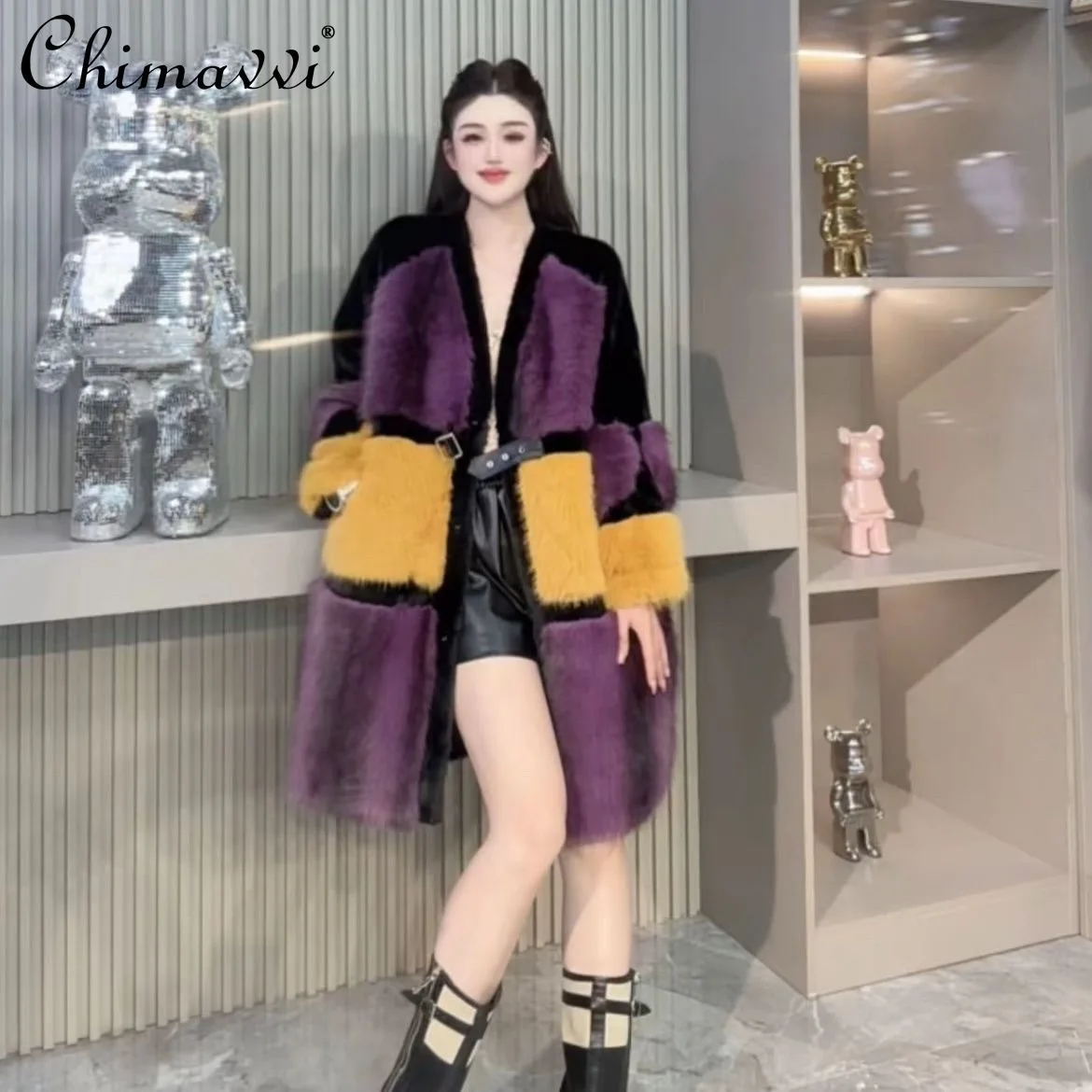 2025 Winter New High-End Fashion Long Patchwork Color-Block Fur Coat Heavy Leopard Print Loose Elegant Warm Faux Fur Jackets