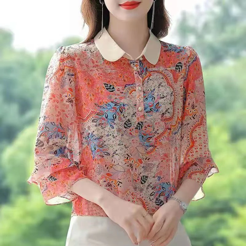 Women Floral Print Beaded Button Shirts Spring Summer Fashion Elegant Loose Blouses Ruffles 3/4 Sleeve Chic Tops Blusa Feminina