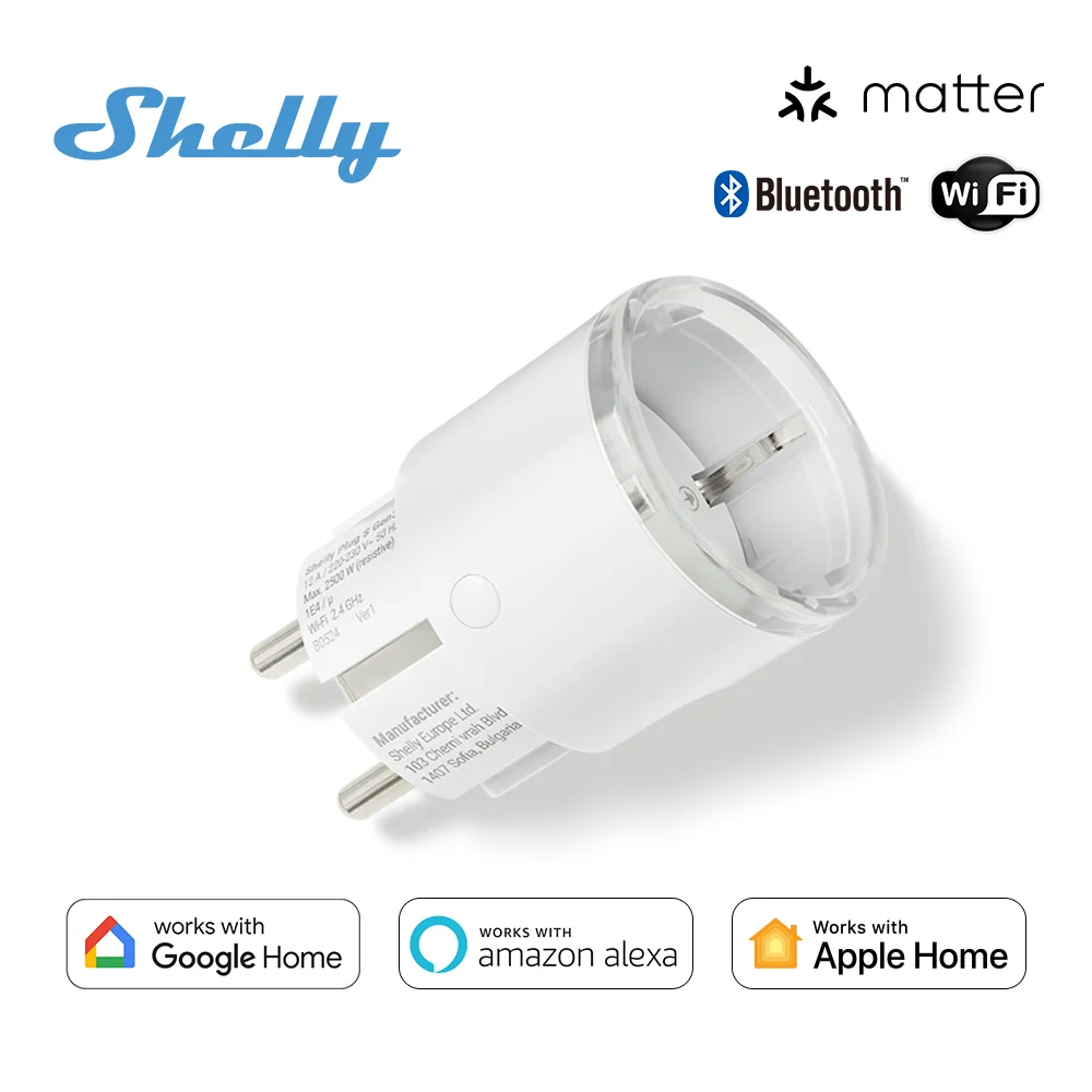 

Shelly Plug S MTR Gen3 Certified Matter Compatible Smart With Power Monitoring Multicolor LED Indication Bluetooth Connectivity