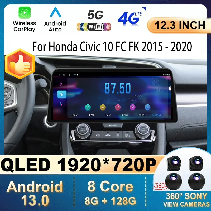 12.3 Inch Android 13 For Honda Civic 10 FC FK 2015 - 2020 Car Radio Multimedia Player GPS Autoradio Carplay Stereo Screen WIFI