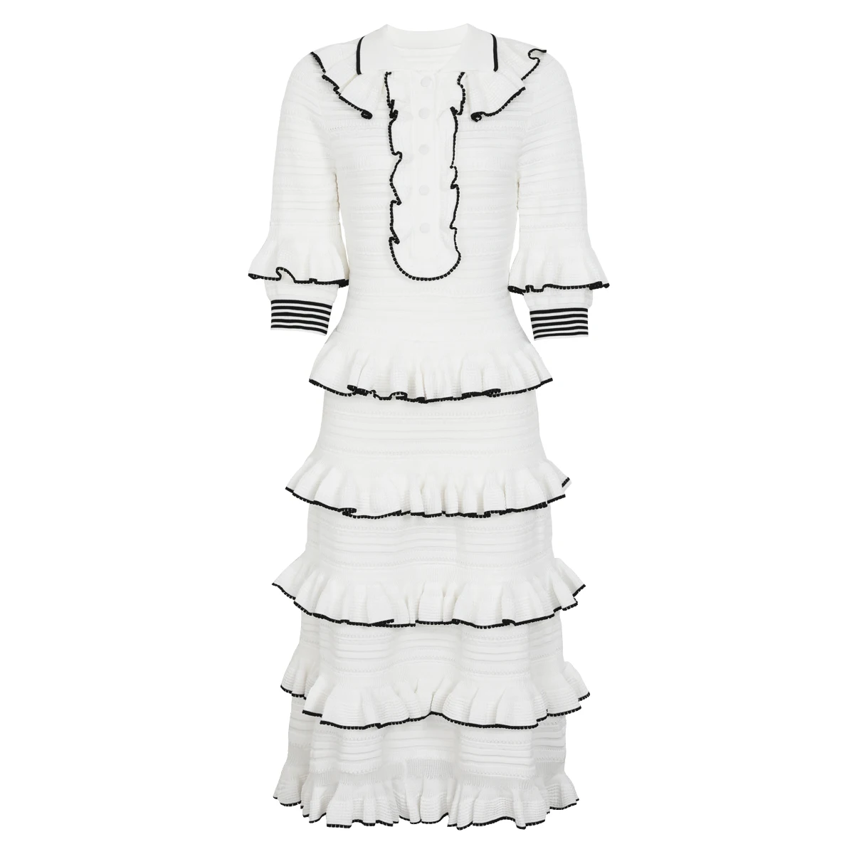 26284 High-Quality Autumn New Fashionable Layered Ruffle Edge Mid Sleeve Slim Fit Knitted Long Women's Elegant Dress