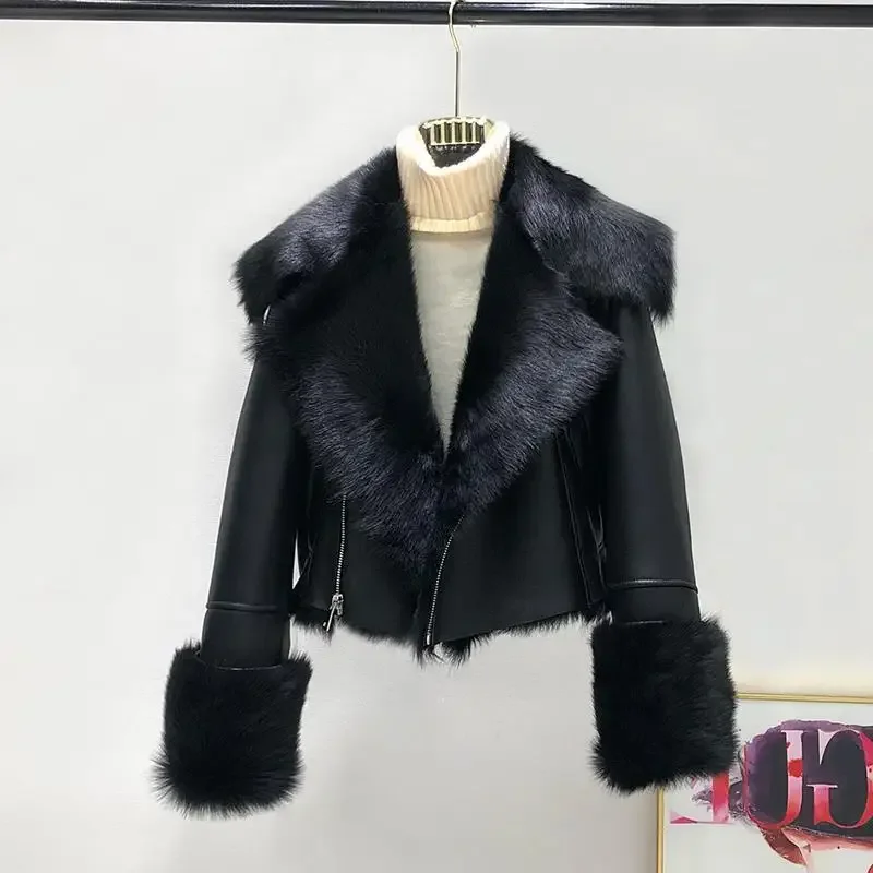 2024 New Design Winter Luxury Tuscan Shearling Coat Double Face Lamb Fur Genuine Biker Leather Jacket Woman