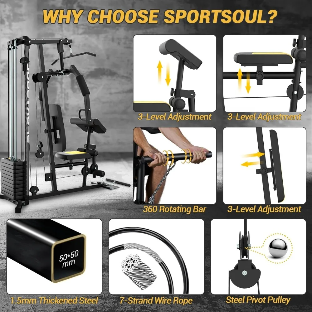 Multifunctional Home Gym Workout Equipment, 6 Workout Stations with 125LBS Weight Stack, Total Gym Exercise and Traini