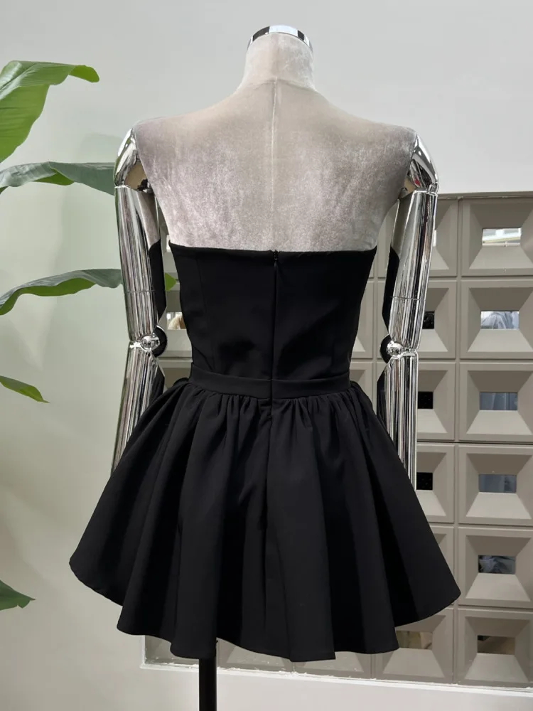 DFDG レディース 2025 春夏 キュートなリボンワンピース オフショルダー ストラップレス カットアウト 鎖骨見せ スリムフィット Aライン ミニ丈 パーティードレス