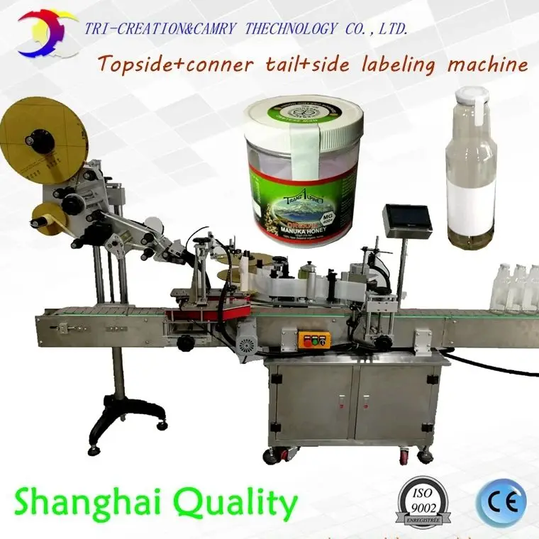 automatic round bottle labeling machine with multi function,CE，topside conner tail and side labeling machine