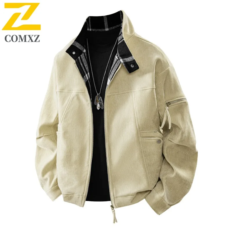 

COMXZ 2025 Two Tone Corduroy Fake Two Piece Casual outdoor Jacket Men Trend Plaid Turn Collar Business Leisure Lightweight Coat