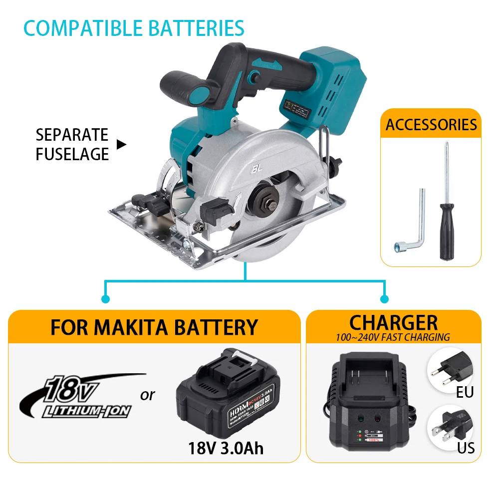 Serra circular sem escova, 10800rpm, elétrica, 125mm, 0-45, máquina de corte de madeira ajustável para bateria makita, ferramenta elétrica diy