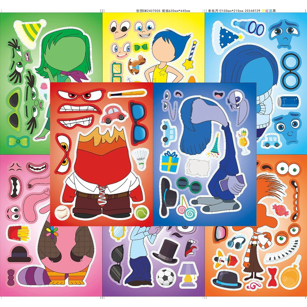 8/16 fogli Disney Cartoon Movie Inside Out 2 Puzzle Stickers Make a Face Children Fun Game assemblare Jigsaw decalcomanie regalo giocattolo per