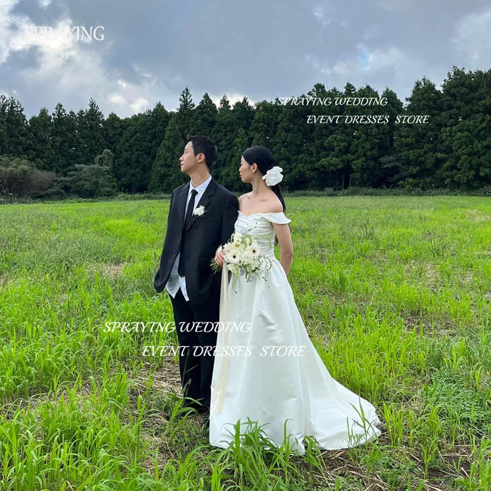 Éventuelles RAYING-Robes de mariée coréennes en satin A-ligne, robes de mariée lancées, séance photo de jardin, blanc, longueur au sol, longs patients, quel que soit le corset au dos