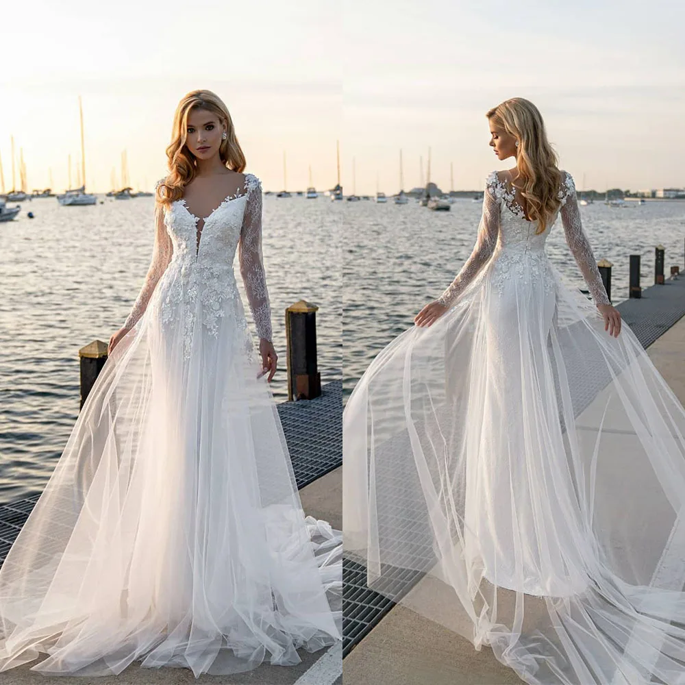 

Graceful Dresse Organza V-Neck Long Sleeve Applique Illusion Floor Length Lace Wedding Dress Custom Made Pearl Vestidos De Novia