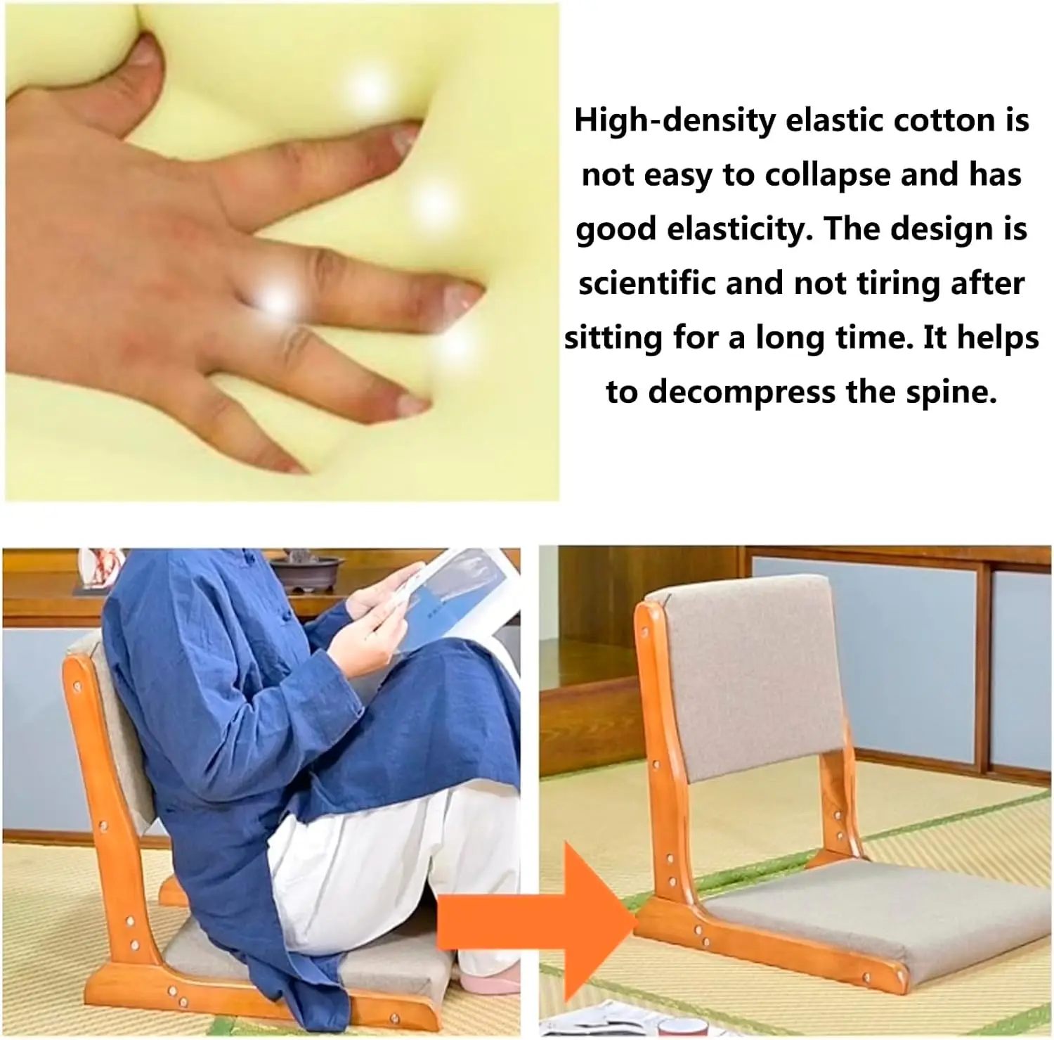 Foldable Meditation Floor Chair with Back Support Portable Japanese Style Tatami Furniture Legless Zaisu Chair for Bay Window