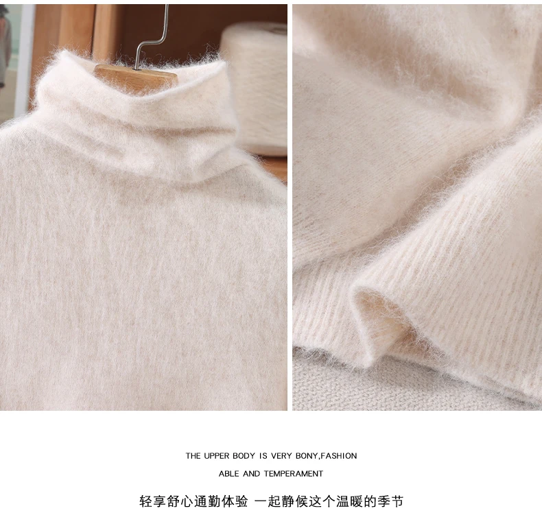 100% Pure Mink Fur Sweater Women's Pullover High Neck Knitted Sweater Autumn Winter New Item Pile Collar Thick Soft Base Sweater
