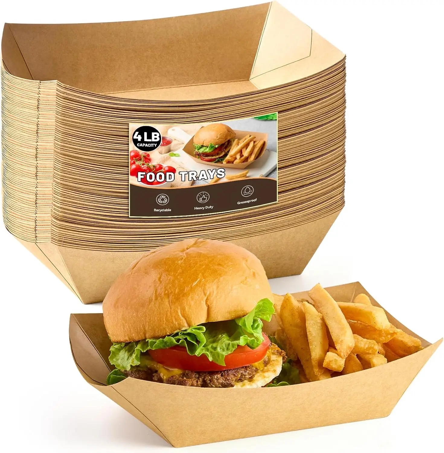

50 Pack Kraft Paper Food Trays for Nachos Sandwiches Burgers Popcorns, 4 LB Large Disposable Serving Baskets