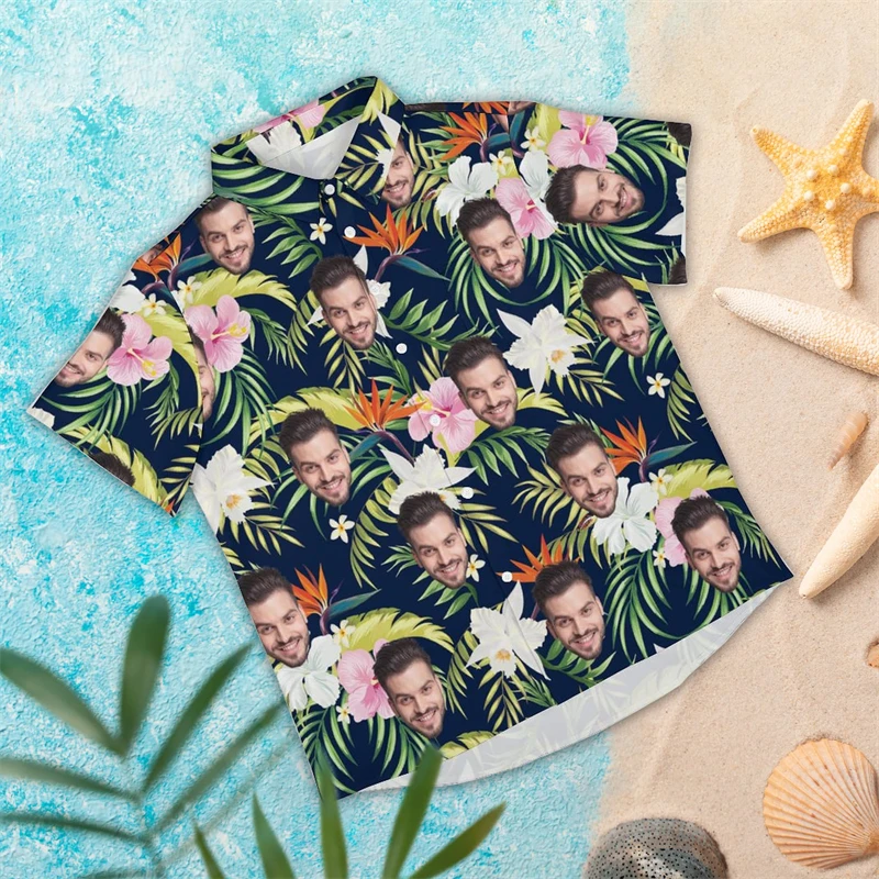 

Funny Custom Face Pet Hawaiian Shirts Summer Fashion Unisex Personalized 3D Printed Couple Shirt Loose Breathable Family Blouses