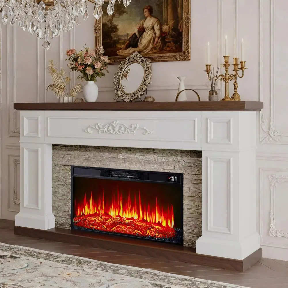 

60 Electric Fireplace with Wooden Entertainment Center, 30 Heater Insert, for Living and Bedroom Use