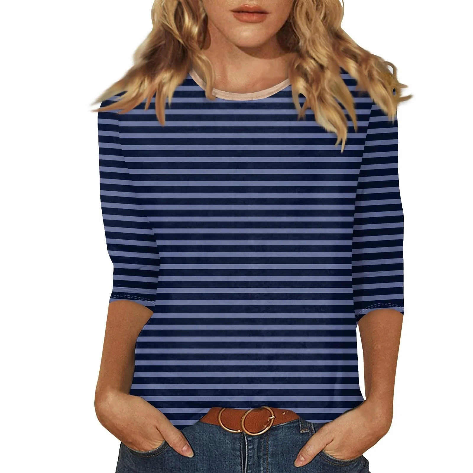 Cross Border Minimalist Style For Foreign Trade 2024 Round Neck 3d Digital Women's Striped Series Seven Quarter SleevesWA21