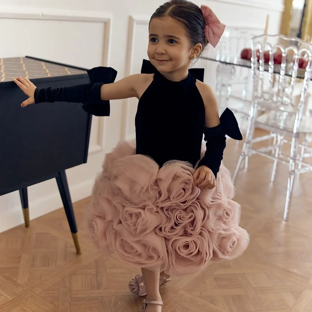 فستان فتاة الزهور الصغير لحفلات أعياد الميلاد وحفلات الزفاف باللونين الأسود والوردي للفتيات مع قفازات وأقواس #1