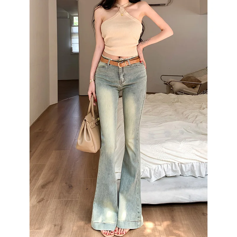 

Light-colored raw edge slim jeans female sexy low waist slim design pants (small)