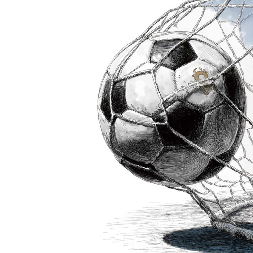 Soccer Themed Wall Art Print Showing Ball Reaching Net in Bold Monochrome Sketch for Fan Focused Interior Spaces