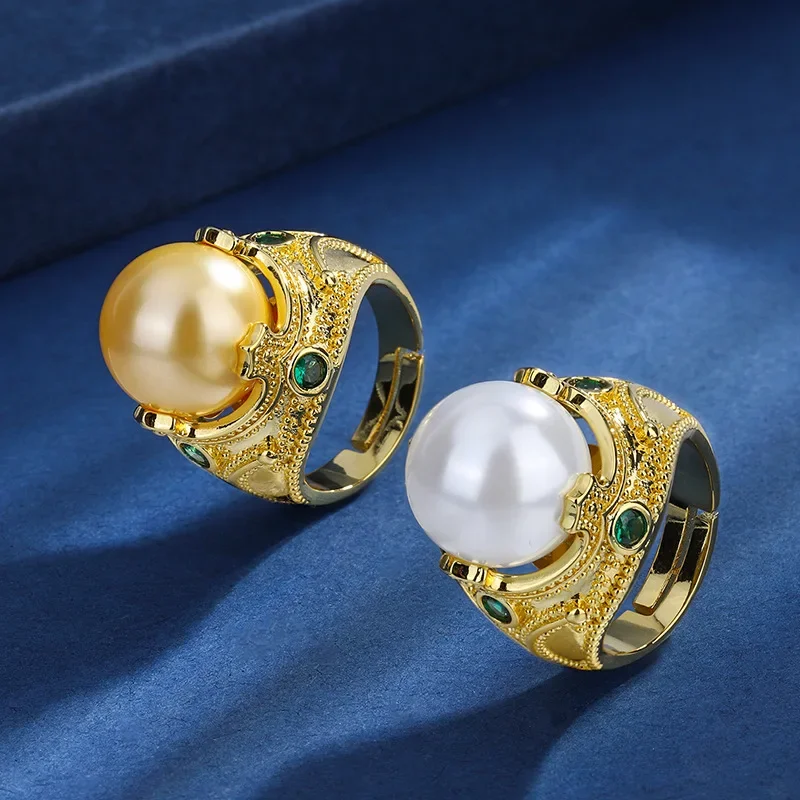 S925 Silver-plated 18K Gold-plated PT950 Platinum Bead Light Gold Retro Diamond-set Pearl Ring 14mm