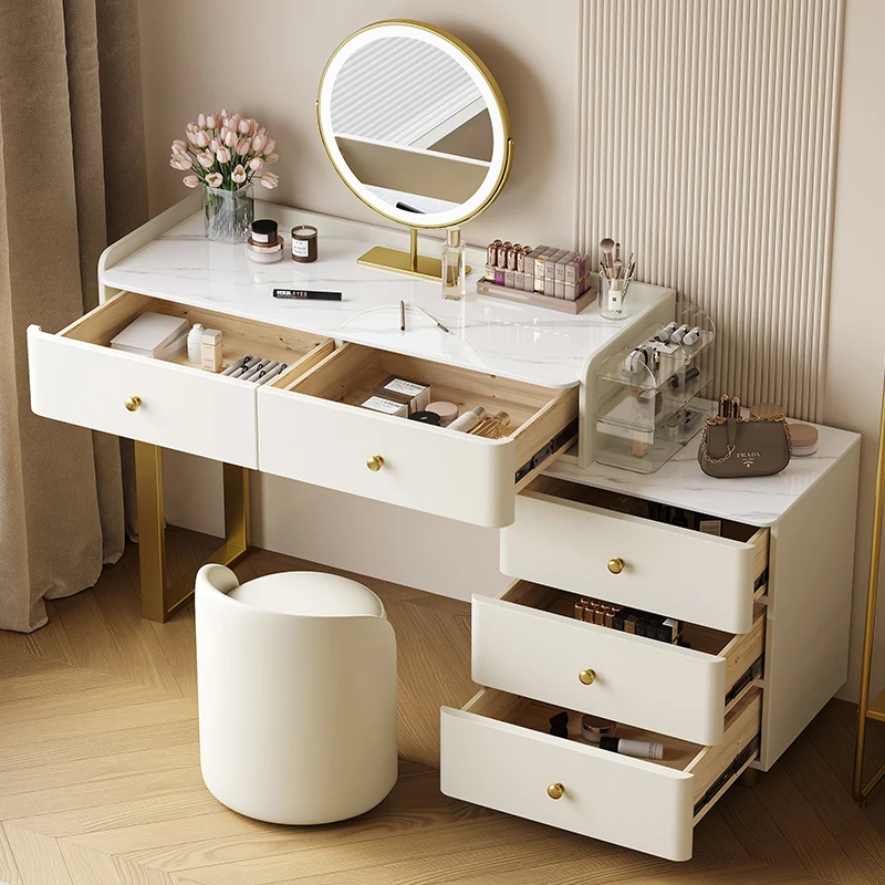 

White Mirror Dressing Table Drawers Luxury Wood Side Dressing Table Storage Lights Coiffeuse De Chambre Bedroom Furniture