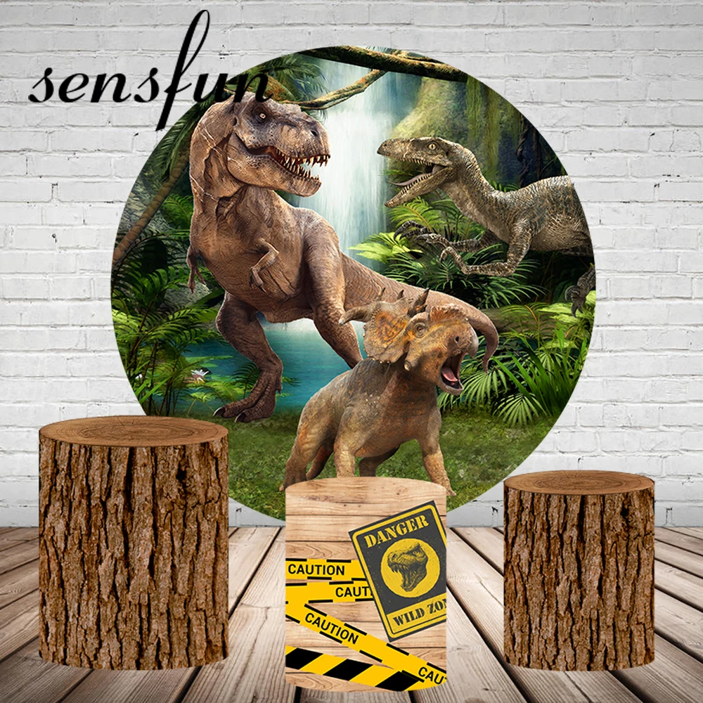 

Forest Jurassic Park Dinosaur Round Backdrop Retro Wood Plinth Covers Boys Birthday Party Circle Background Elastic