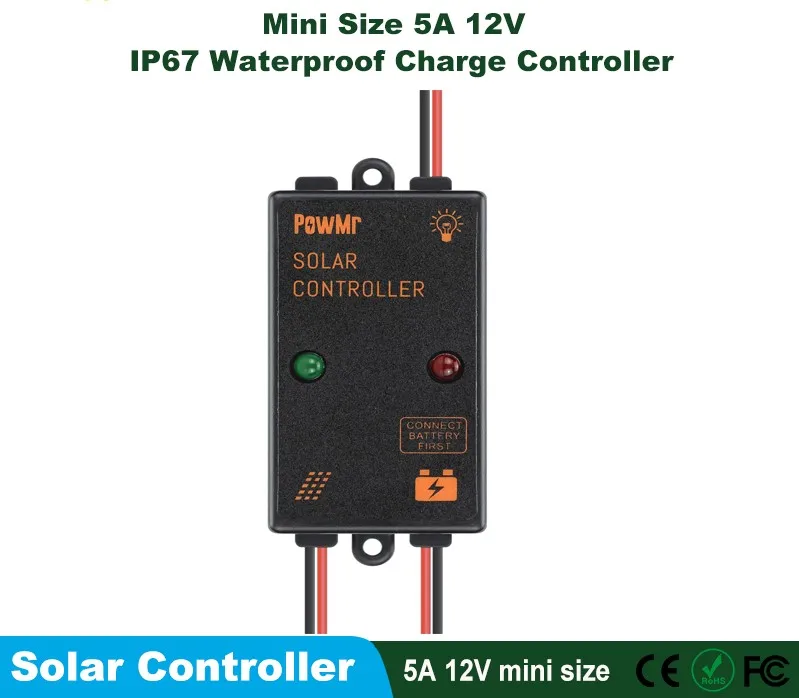 PowMr PWM 5A 12V Mini Solar Controller IP67 Waterproof Mini Solar Charge Controller For Lead-Acid Battery