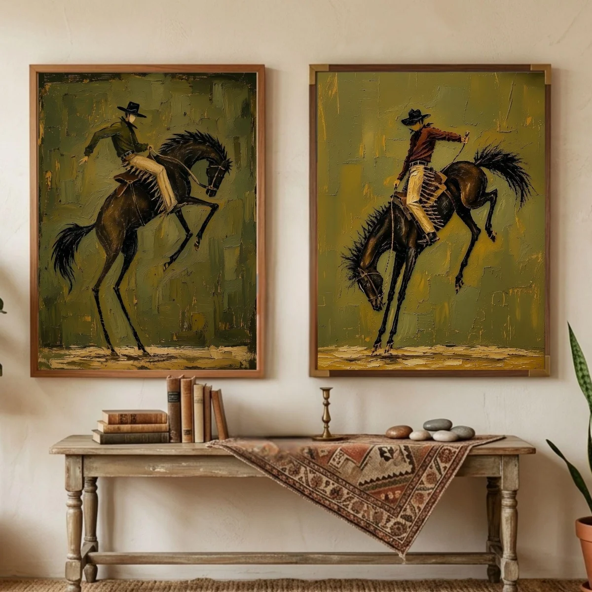 2pcs Vintage Western Cowboy & Cowgirl Horse Canvas Prints Poster Retro Rustic Wild West Abstract Art Prints Home Decor Poster