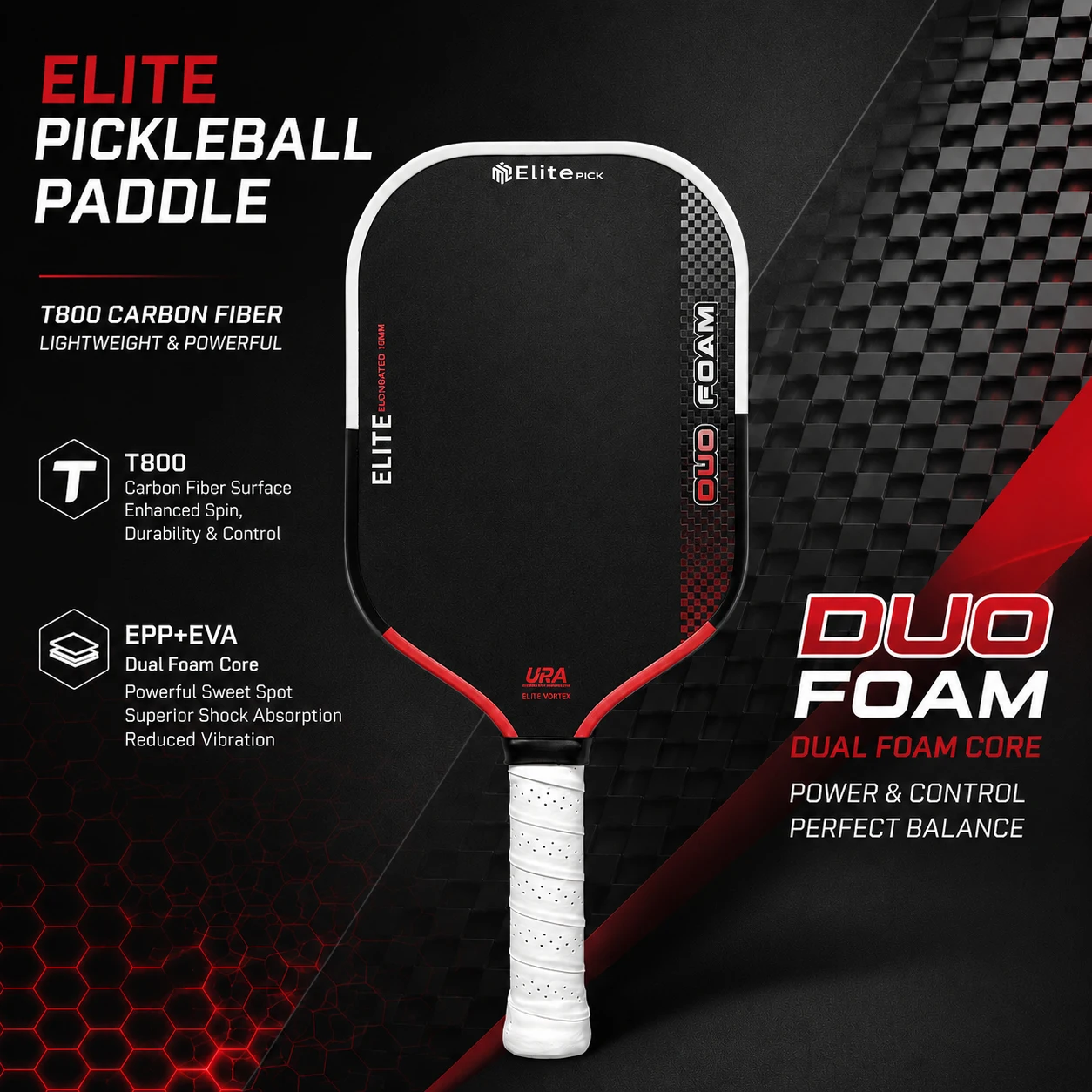 

ELITE PICK DUOFOAM Pickleball Paddle,EPP+EVA Core,3-Layer T800 Carbon Fiber,Expanded Sweet Spot